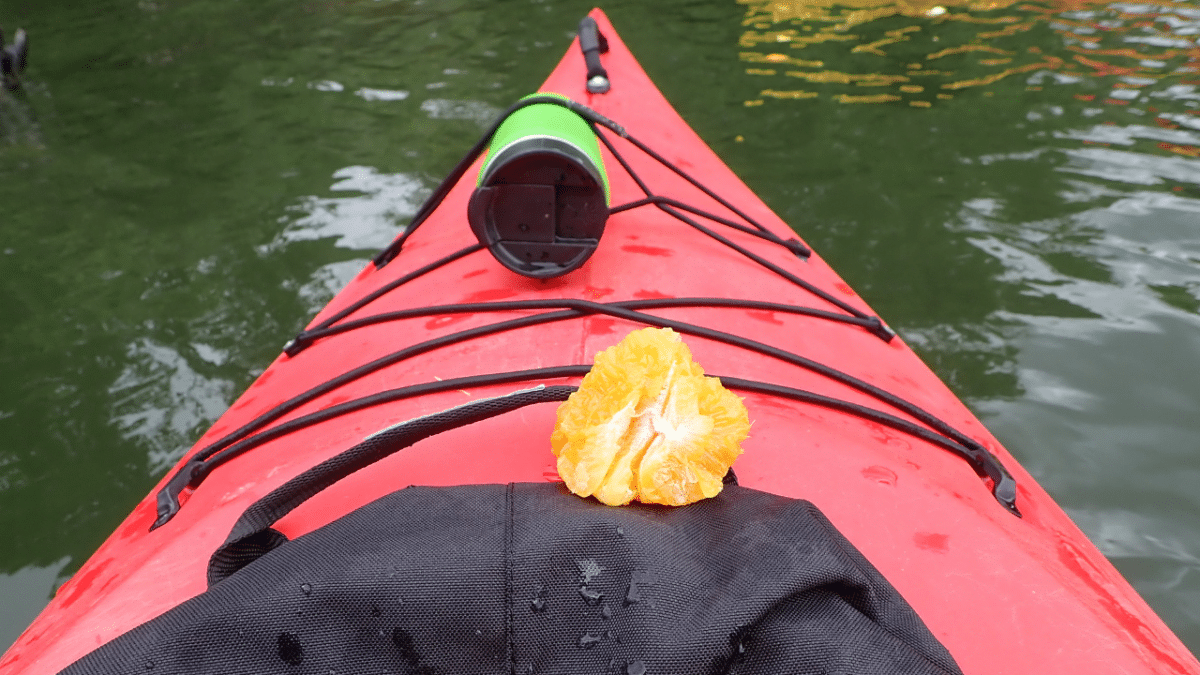 kayak with a water bottle and an orange